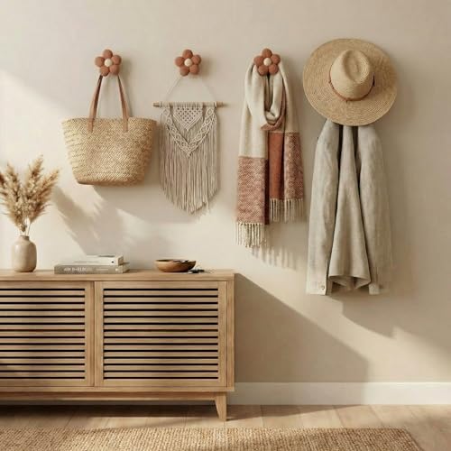 Novabright Khaki Wooden Flower Wall Hooks Set of 4 with Screws - Decorative Coat & Towel Hangers