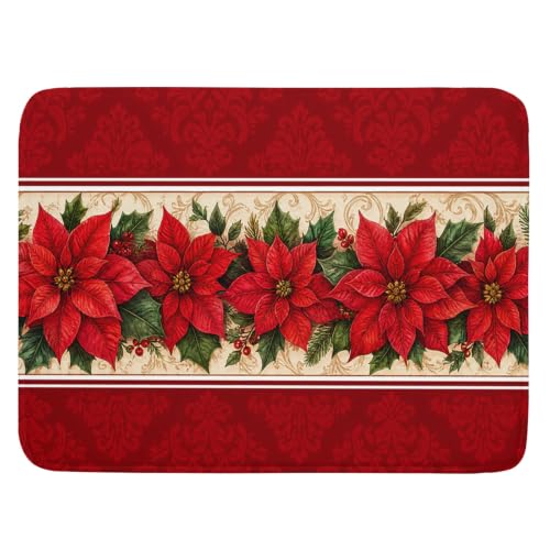 Christmas Red Flower Dish Drying Mat 18x24 Inch for Kitchen Counter - Foldable & Quick Dry
