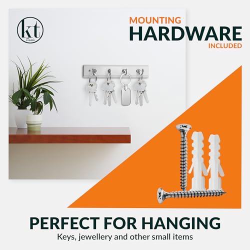 Wall Mounted Key Rack with 4 Hooks - Modern Steel & Wood Key Organizer - White