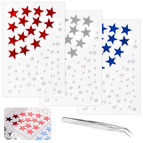 Star Face Gems Stickers - 3 Sheets Red, Silver & Blue Rhinestones for Makeup, Festivals and Parties