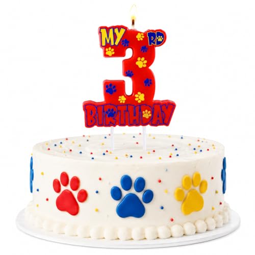 Number 3 Birthday Candle, Red Paw Print Cake Topper for Puppy Themed Party
