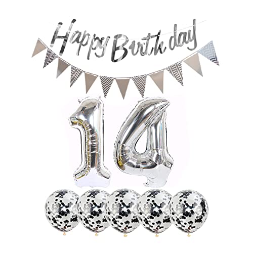 2 Balloons Number 14 + Happy Birthday Garland Silver Banner foil