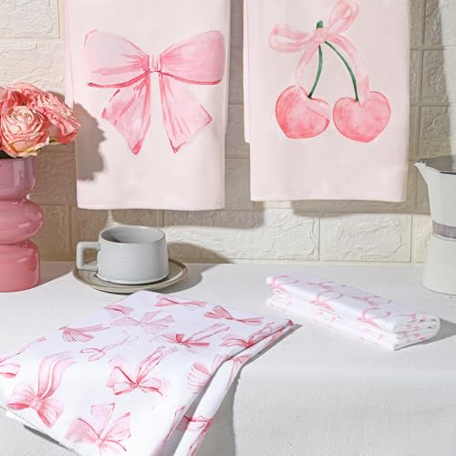 Macarrie 4-Piece Pink Bow Kitchen Towels Set - Soft & Absorbent