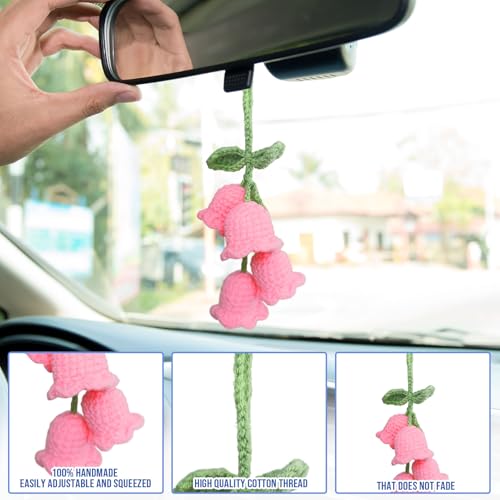 Zelaxeyi Handmade Crochet Pink Lily of the Valley Car Rearview Mirror Ornament