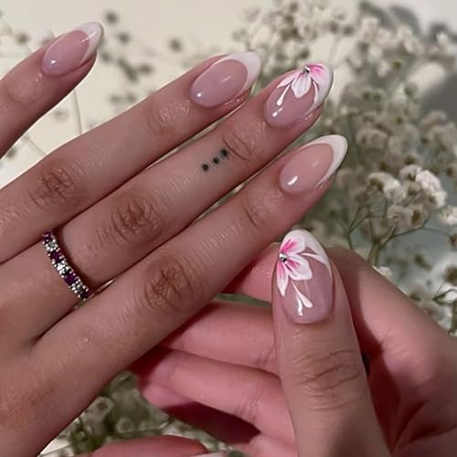 Pink Flower Press on Nails Almond French Tip Fake Nails with Rhinestones