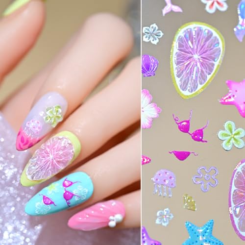 Quezadyl 5D Embossed Starfish & Flower Nail Stickers - 2 Sheets Summer Ocean Decals