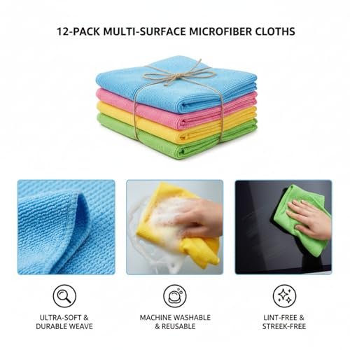 Microfiber Cleaning Cloths 12-Pack | Ultra Absorbent & Lint-Free