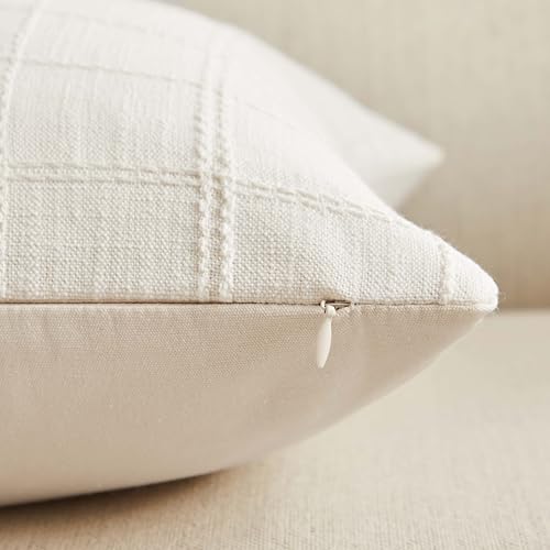 ZeeMart 18x18 Ivory Checked Throw Pillow Covers, Set of 2 Farmhouse Grid