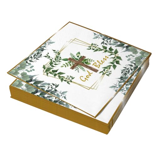 Sage Green Cross First Communion Napkins 24 Pcs Disposable Paper