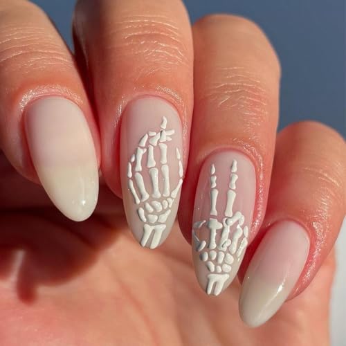 Halloween Press On Nails Medium Almond 3D Skull French Tip False Nails