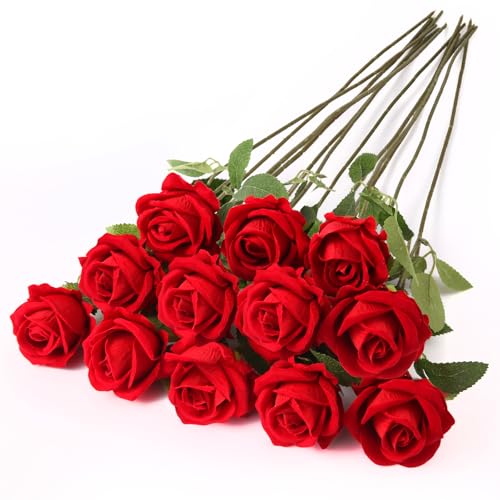 12PCS Red Silk Roses Bouquet - Realistic Artificial Flowers