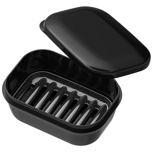 Quatish Leakproof Travel Soap Dish with Lid - Medium Black Bar Soap Holder