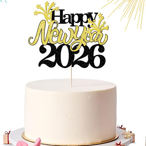 Happy New Year 2026 Cake Topper with Glitter Stars - Party Decor