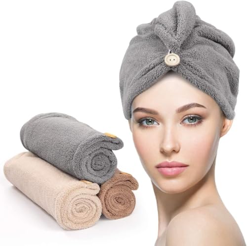 YFONG 3-Pack Microfiber Hair Towel Wrap - Gray, Camel, Brown - Anti-Frizz