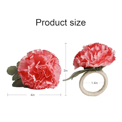 Wonlex Pink Flower Napkin Rings Set of 6, Faux Carnation Serviette Holders