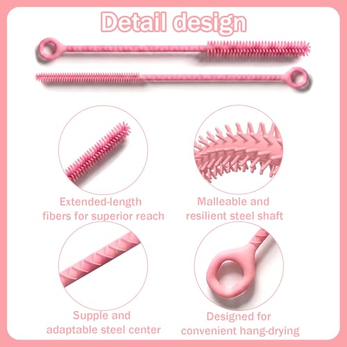 Pink 2-Pack Silicone Straw Cleaner Brush - Extra Long 12.6in Reusable Glass & Metal Straw Cleaner - Flexible, Soft, Anti-Slip Handle