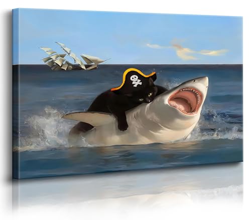 Funny Black Cat Biting Shark Wall Art - 12x16 Unframed Print