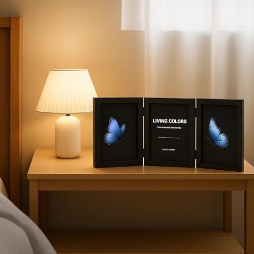 2 Hinged Black 4x6 Picture Frames Set - Double Fold Wood Photo Display