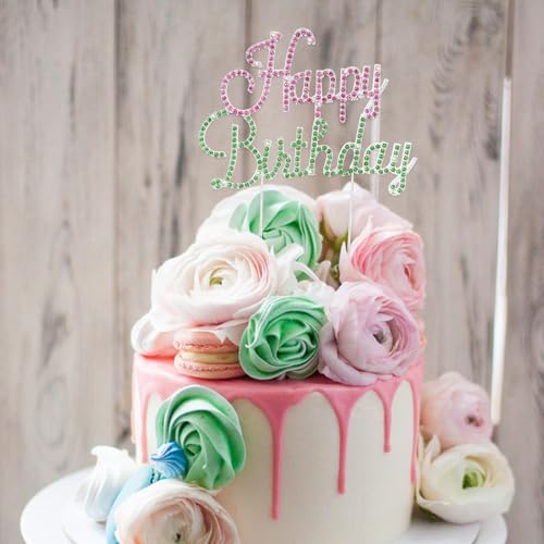 Jaciya Gold Birthday Cake Topper with Pink Green Rhinestones