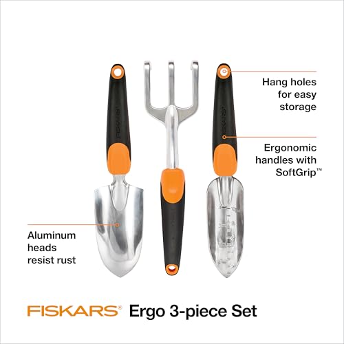 Fiskars 3-Piece Garden Hand Tool Set - Ergonomic Trowel, Transplanter & Cultivator