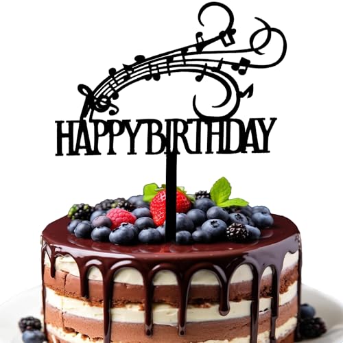 Musical Note Happy Birthday Cake Topper - Black Acrylic Decoration