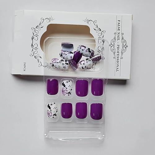 Purple Halloween Press on Nails Short Square Glitter False Nail Tips