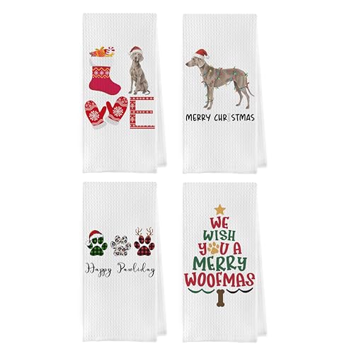 Weimaraner Christmas Kitchen Towels Set - Holiday Dog Paw Decor, 16x24 Inch, Waffle Microfiber, Pack of 4