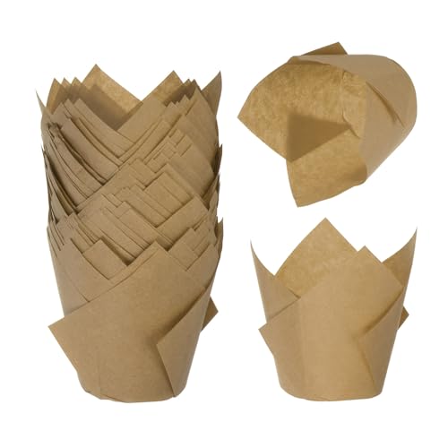 50 Pcs Tulip Baking Cups for Cupcakes Muffins - Brown, Greaseproof Paper Liners