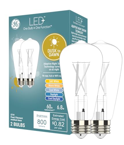 GE LED+ Dusk to Dawn Security Light Bulbs 60W Replacement, Decorative ST19, Medium Base, Color Select, 2 Pack