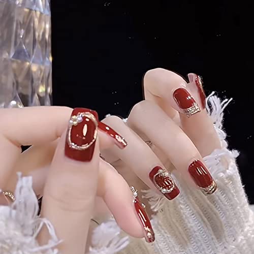 Press On Nails Medium Square Wine Red False Nails with Pearls Rhinestones