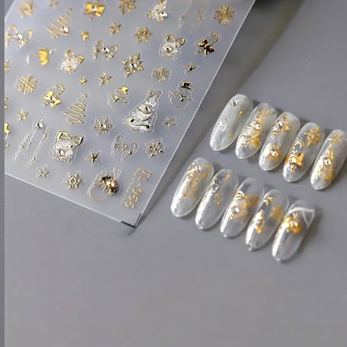 Mdscve 5D Embossed Christmas Gold Nail Art Stickers Winter Snowman Decals