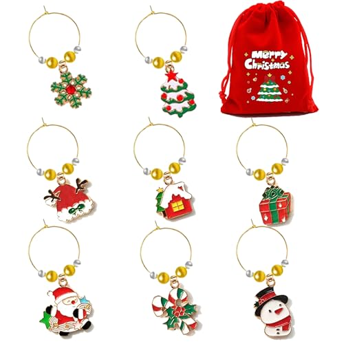 Christmas Wine Glass Charms 8 PCS - Metal Drink Markers for Stem Glasses