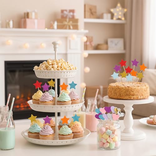 30 Pcs Glitter Star and Heart Cupcake Toppers Rainbow Cake Picks