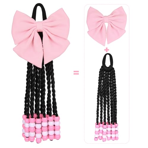 Synthetic Braided Ponytail Extension with Beads and Bows - Pink