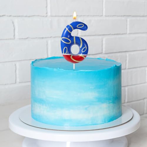 Blue Number 6 Birthday Candle with Gold Ring Print