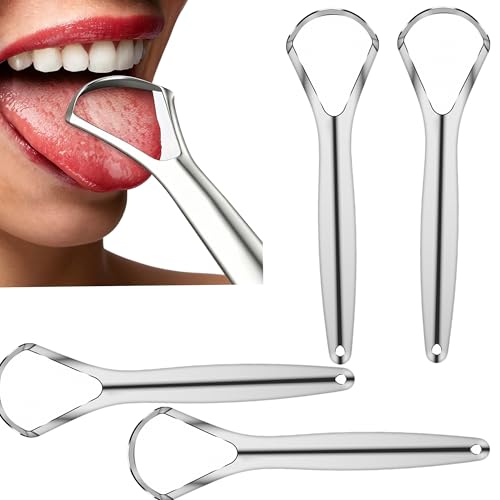 Stainless Steel Tongue Scraper 4-Pack, Metal Tongue Cleaner for Adults