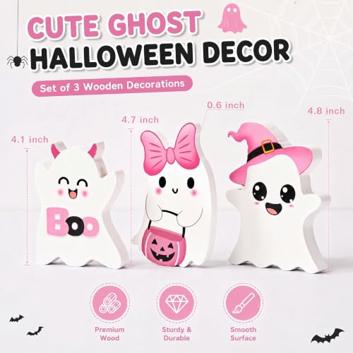 Cute Pink Wooden Ghost Halloween Table Decor - 3 PCs Set