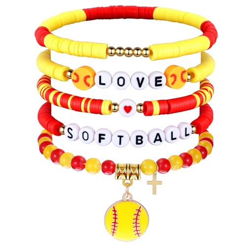 Softball Bracelets Set for Women - 5 Pcs Clay Stackable Charm Jewelry