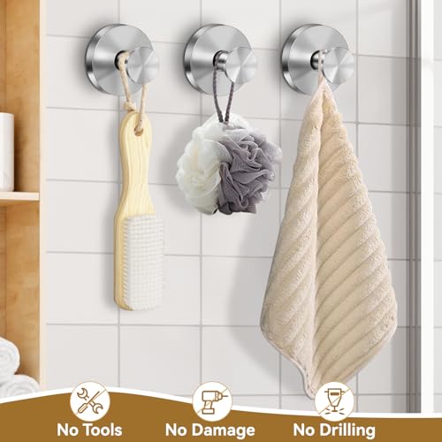 TACGEA Suction Cup Hooks, Removable Heavy Duty Shower Hooks - Brushed Silver 4 Pack