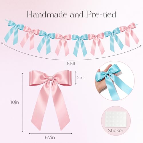 Pink & Blue Bow Garland Banner - 8 Pre-Strung Satin Bows