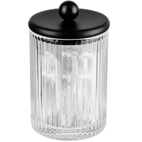 SheeChung 8.5oz Ribbed Glass Qtip Holder with Black Lid - Bathroom Jar