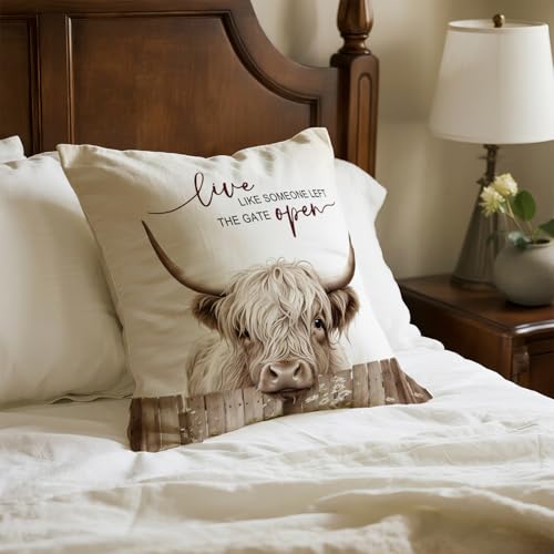 Farmhouse Animal Highland Cattle Throw Pillow Cover 18x18
