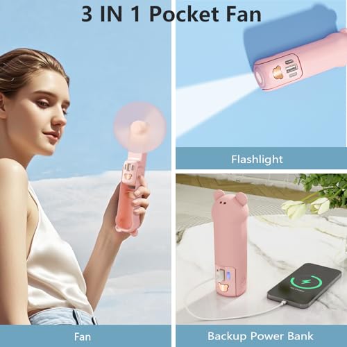 Pink Portable Handheld Fan - 3-in-1 USB Rechargeable Mini Fan