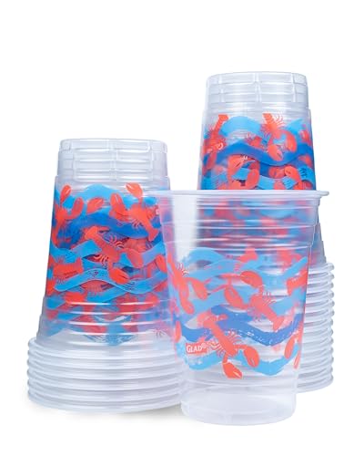 Glad 16 Oz Clear Plastic Cups with Lobster Waves Design, 20 Count (Multicolor, Pack of 12)