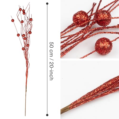 Red Christmas Tree Picks Set of 20 Glittered Twigs for Holiday Decor