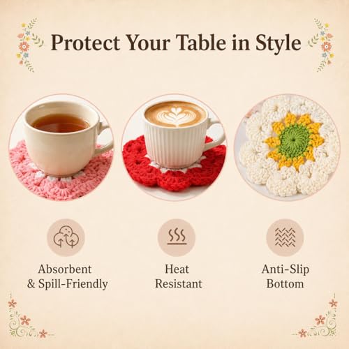 Flower Crochet Coasters Set of 5 - Cute Drink Protectors for Home