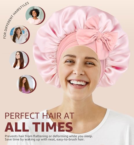 HiRui Double-Layer Silk Satin Sleep Bonnet with Adjustable Tie - Pink Medium