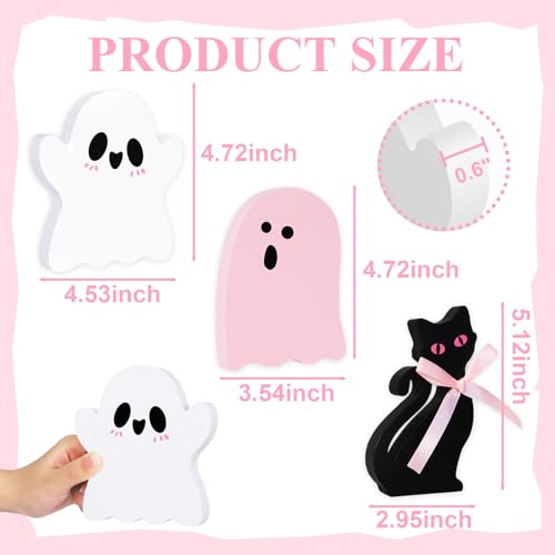 Cute Pink Ghost Halloween Decor - 3-Piece Wooden Set for Home