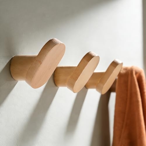 DELITON 4 Pack Solid Beech Wood Wall Hooks - Natural Wood Screw-In Coat Hanger