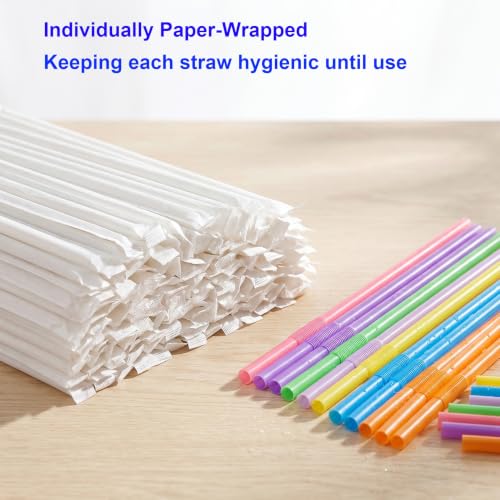 100 Pack Colorful Flexible Plastic Straws - Individually Wrapped, 12.8" Long
